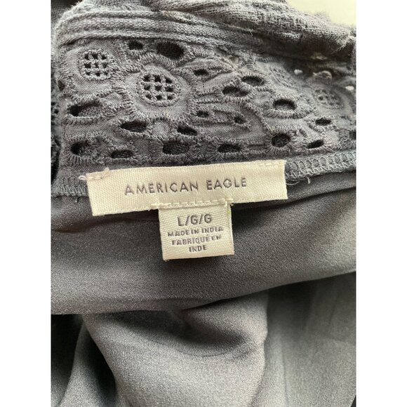 American Eagle Outfitters Babydoll Blouse Size Large Black V Neck Crochet Lace - Picture 4 of 9